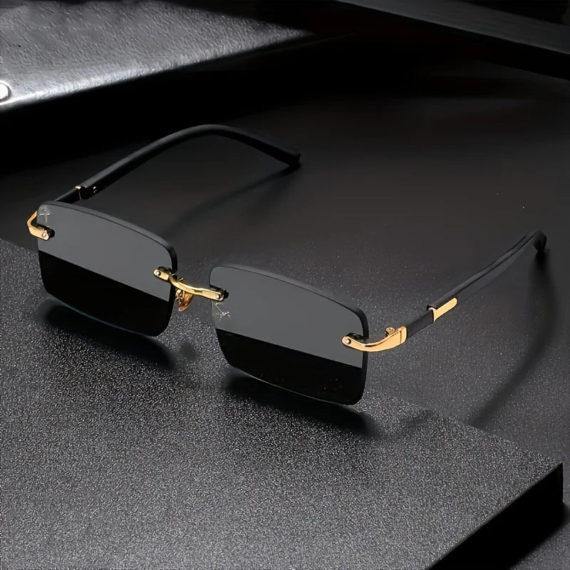 Fashion Frameless Rectangular Glasses，Unisex - Trendy Black Lenses Paired with Gold Tone Metal Frame，Classic design suitable for