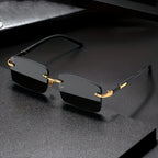 Fashion Frameless Rectangular Glasses，Unisex - Trendy Black Lenses Paired with Gold Tone Metal Frame，Classic design suitable for