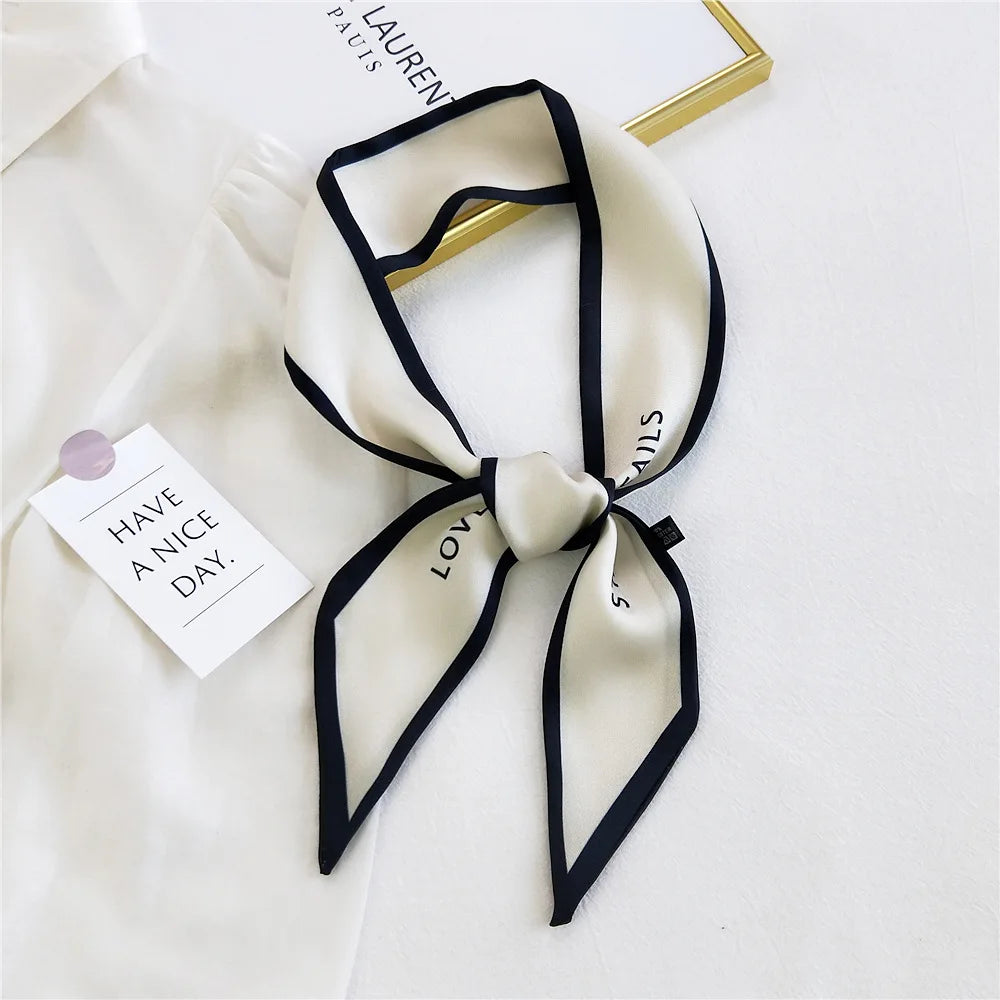 Women Hair Scarf Fashion Narrow Long Scarf Elegant Satin Silk Bow Tie Letter Print Bag Ribbon Headband Scarves Foulard Cheveux