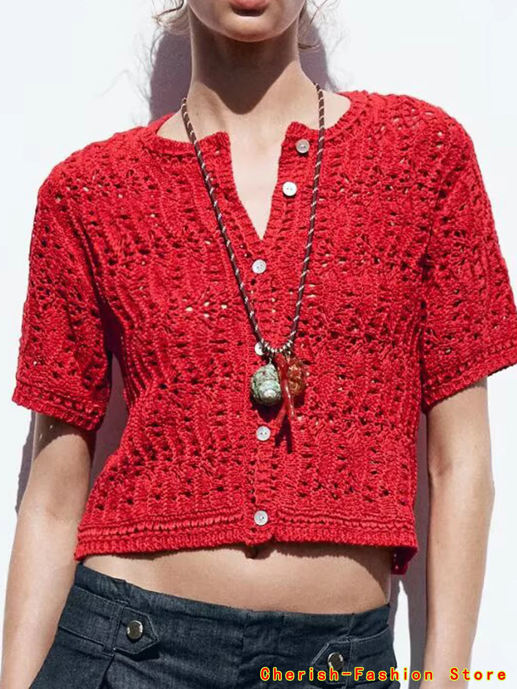 Women's Cardigan Summer 2025 New Red Knitted Short Sleeve Cutout Design Cardigan Casual Fashion Personality Versatile Knitwear