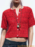 Women's Cardigan Summer 2025 New Red Knitted Short Sleeve Cutout Design Cardigan Casual Fashion Personality Versatile Knitwear