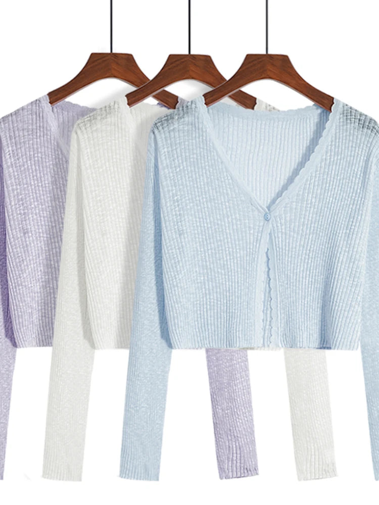 Women Cardigans Long Sleeve Knitted Outerwear Solid Thin Spring Short Sweaters V-neck Knitwears Korean Fashion Cardigans 2025