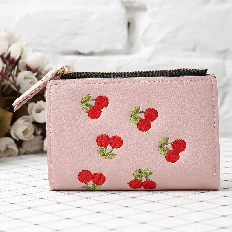 Women's Clutch Wallet with Cherry Floral Embroidery, Vertical Style Buckle Design Trendy Versatile Pu Material Waterproof Light