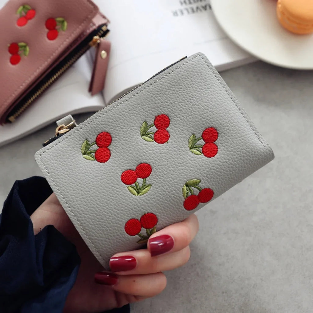 Women's Clutch Wallet with Cherry Floral Embroidery, Vertical Style Buckle Design Trendy Versatile Pu Material Waterproof Light