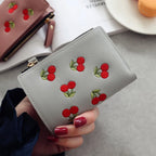 Women's Clutch Wallet with Cherry Floral Embroidery, Vertical Style Buckle Design Trendy Versatile Pu Material Waterproof Light