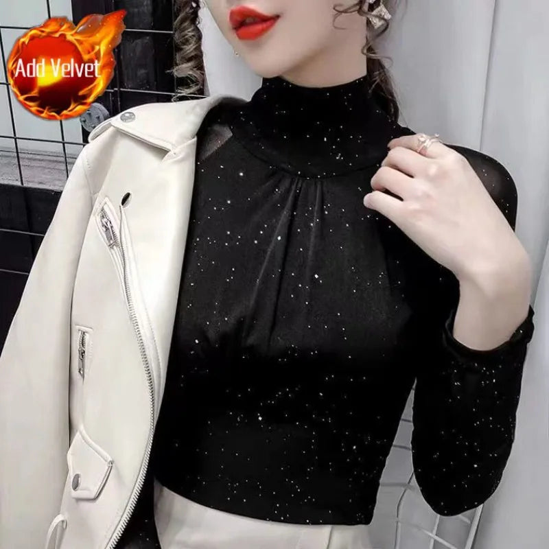 Women's T Shirts Female Tops 2024 Clothes  Glitter Sequin Black Tshirts Rhinestone Mesh Novelties Kpop Korea Stylish Fitted Tees