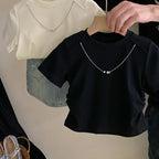 Children T-shirtTide Childrens Clothing New Girl Design Sense T-shirt Tops Versatile Bow Knot Cowboy Short Skirt 2024 Round Collar