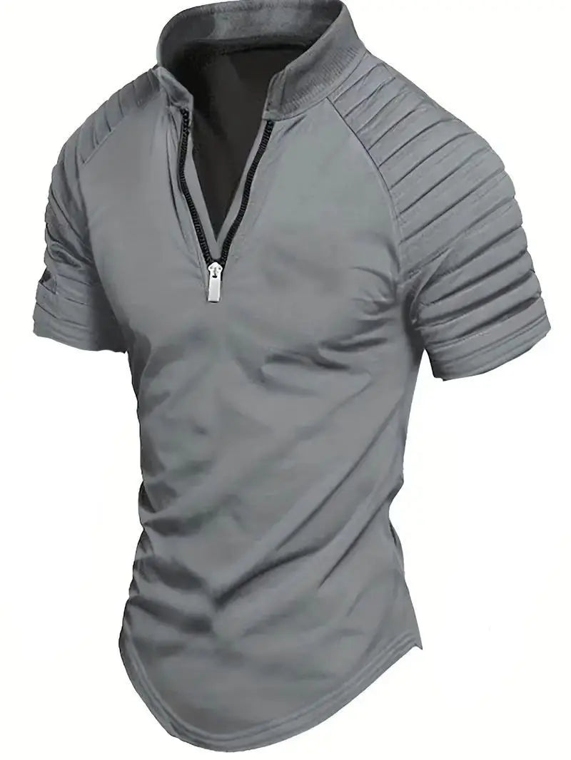 Men's Polo Shirt Summer Fashion New Solid color casual arm wrinkle design comfortable slim zipper short-sleeved blazer