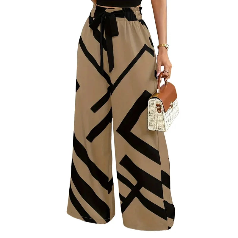 Women Clothing Wide Leg Pants For Women 2025 Fashion Striped Print Pantalones Spring Summer Casual Loose Lace Up Ropa De Mujer