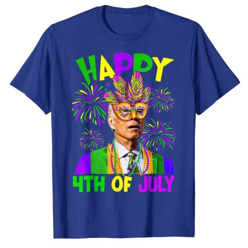 Happy 4th of July Joe Biden Mardi Gras Party Carnival T-Shirt Men Clothing Sarcastic Joke Sayings Quote Graphic Tee Casual Tops