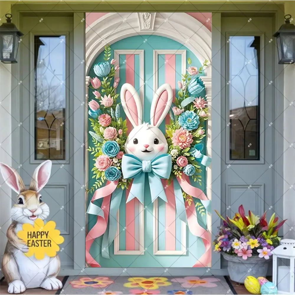 Spring Easter Theme Charming Rabbit On The Toilet Grass Flower Eggs Door Banner Cover Backdrop Easter Festival Party Porch Decor