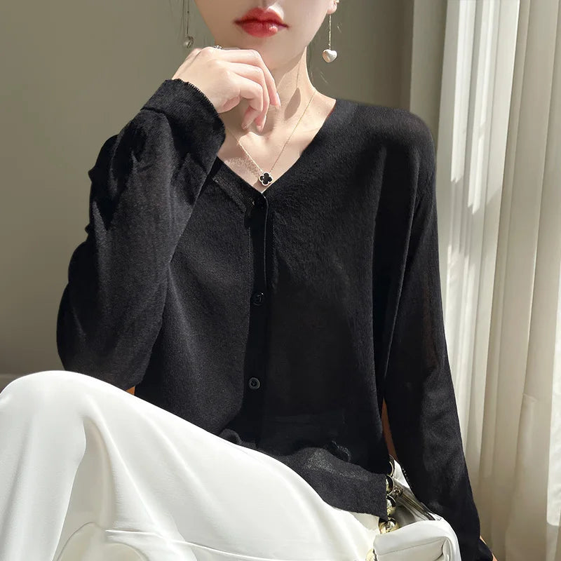 Women's Cardigans 2025 Thin Summer Single Breasted V-neck Loose Knitted Sweater Fashion Solid Tops Ice Silk Outerwears Jumpers