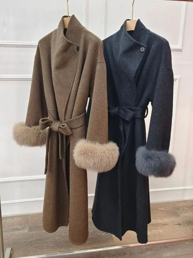 Wool Coat Women 2025 New Autumn Winter Real Fox Fur Jacket Female Natural Fur Long Woolen Coat Warm Real Fur Cashmere  Clothing