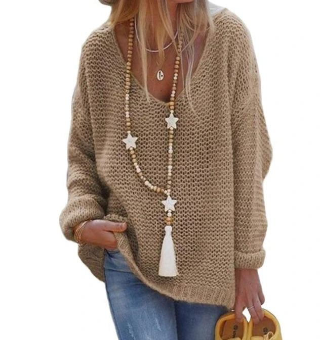 Women's Winter Sweaters Commuting 2024 Winter Solid Color Knitted Sweater V-Neck Long Sleeved Top Loose Fit Pullover Sweater