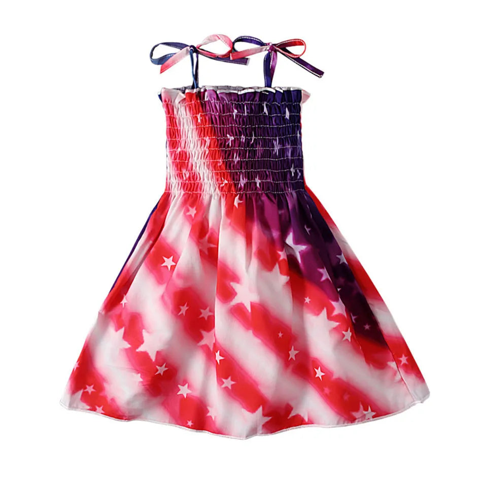 Charming 4th of July Summertime Girls Casual Dresses Sling Patriotic Pattern and Cartoon Printed Playful Butterflies and Stars