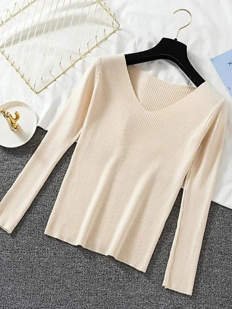 Women Sweater 2026 New Autumn Winter Long Sleeve Pullover Basic Top Fashion V-neck Elastic Female Winter Solid Knitted Jumper