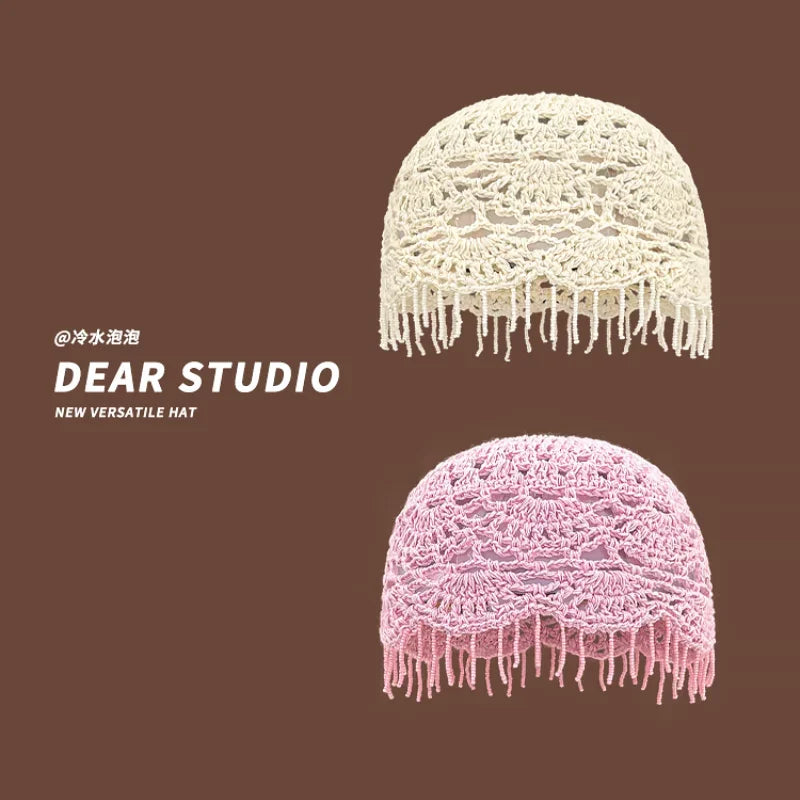 Personalized Beaded Fringed Knitted Beanies for Women Summer Autumn Thin Hollow Versatile Casual Retro Ethnic Style Pullover Hat