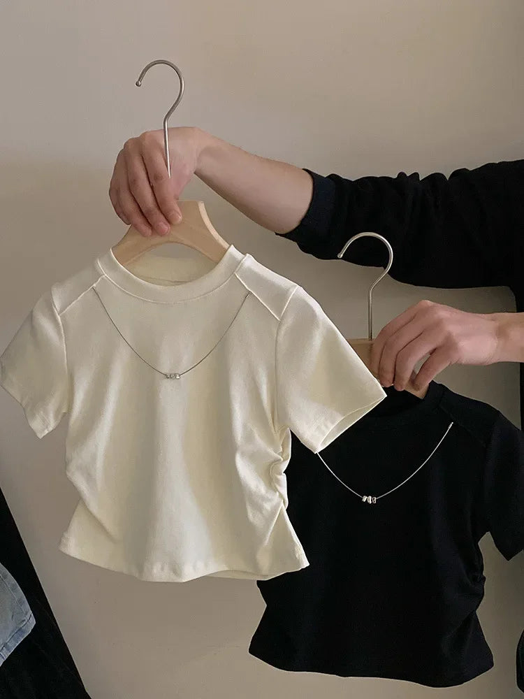 Children T-shirtTide Childrens Clothing New Girl Design Sense T-shirt Tops Versatile Bow Knot Cowboy Short Skirt 2024 Round Collar