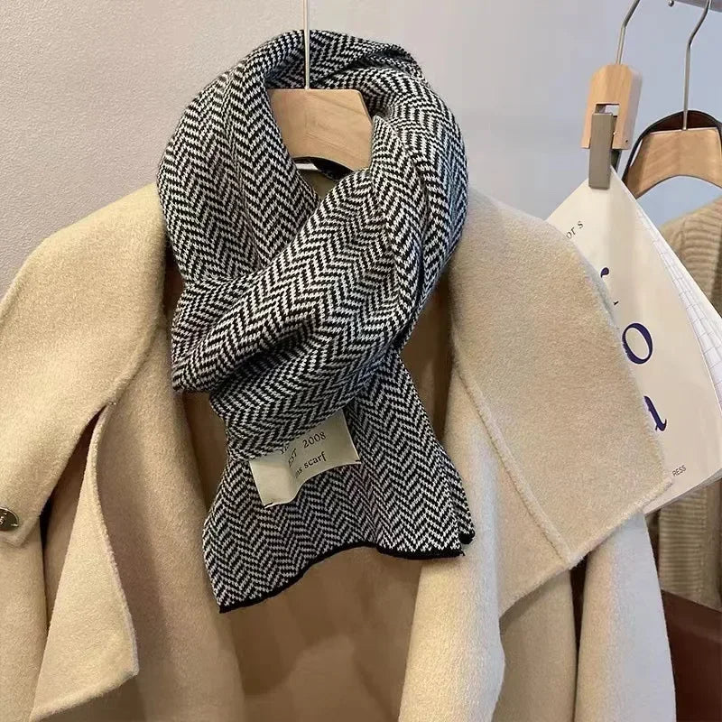 Women Winter Scarves High Quality Knitted Scarf Korean Style White Vintage Stripe Pattern Scarves Winter Outdoor Warm Scarves
