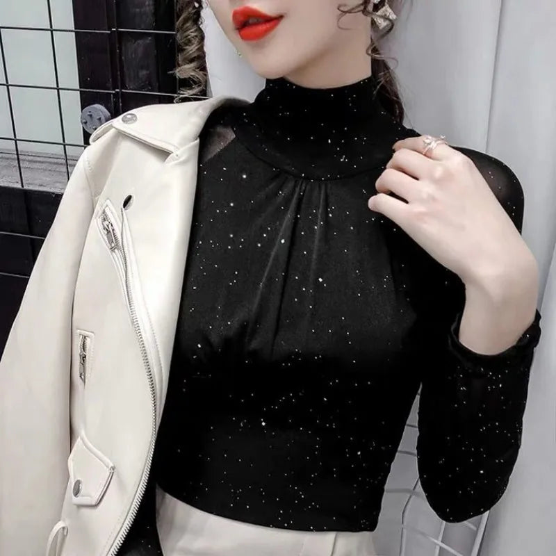 Women's T Shirts Female Tops 2024 Clothes  Glitter Sequin Black Tshirts Rhinestone Mesh Novelties Kpop Korea Stylish Fitted Tees