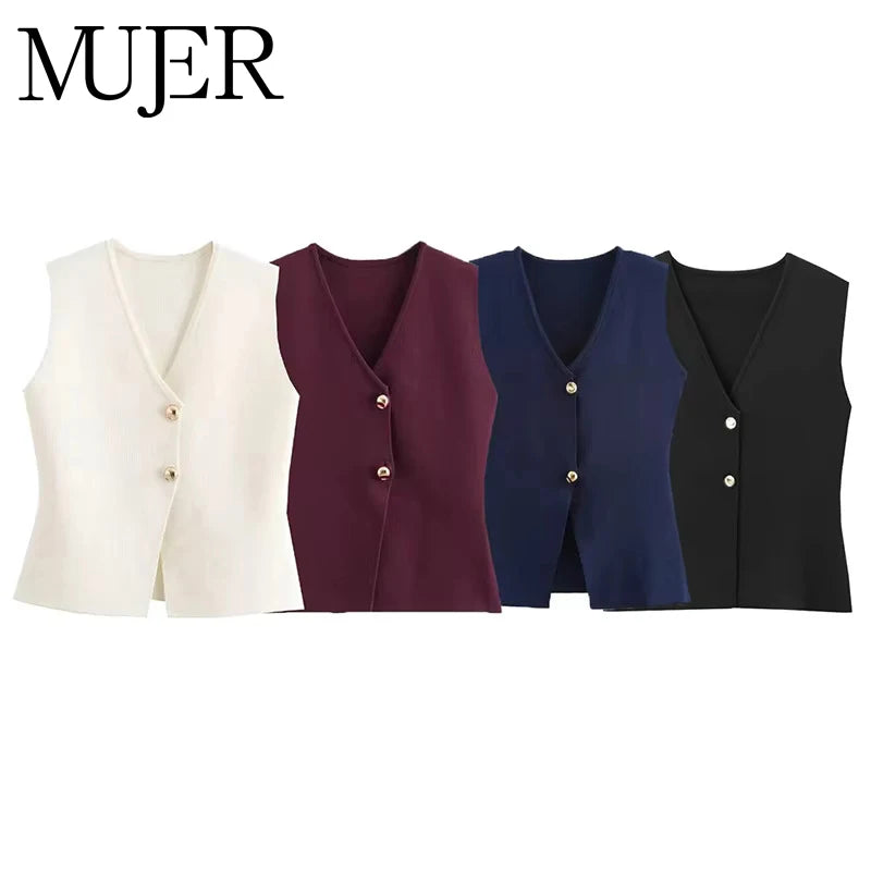 MUJER Woman Knit Vest Top Cropped Sleeveless Vests for Women 2025 Button Summer Vest Top Women Waistcoat Knitted Short Tops