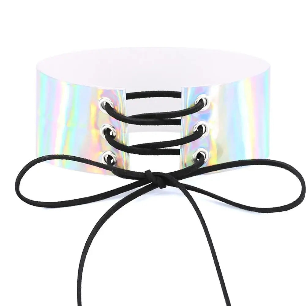 Lace up chokers necklaces for women Holographic choker gothic Wide Chocker Corset PU Leather neck jewelry