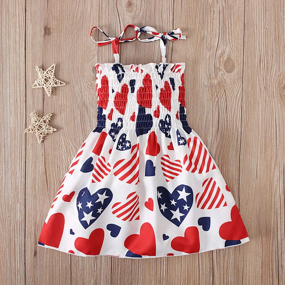 Charming 4th of July Summertime Girls Casual Dresses Sling Patriotic Pattern and Cartoon Printed Playful Butterflies and Stars