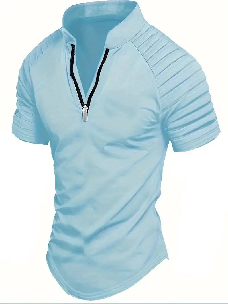 Men's Polo Shirt Summer Fashion New Solid color casual arm wrinkle design comfortable slim zipper short-sleeved blazer