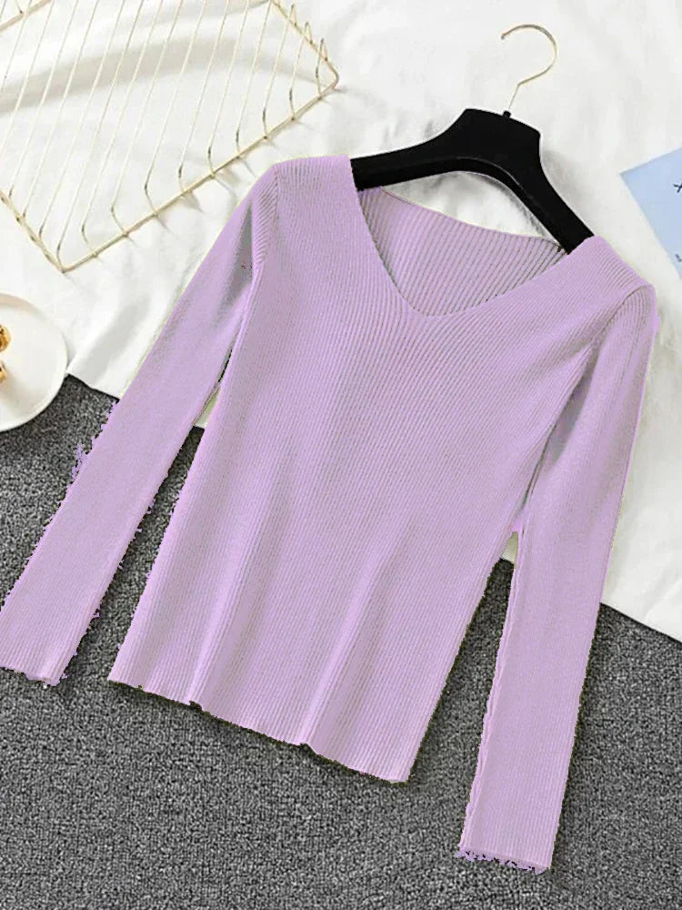 Women Sweater 2026 New Autumn Winter Long Sleeve Pullover Basic Top Fashion V-neck Elastic Female Winter Solid Knitted Jumper
