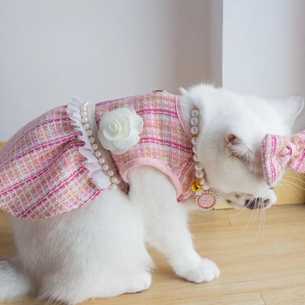 Pet Clothes Cute name-branded clothes Puppy Plaid Dress Soft Thin Design Cat Bow Pearl Coat Breathable Pet Windbreaker Kittens