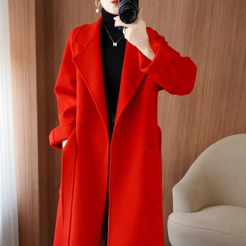 100% Wool Coat Women's Wear 2025 Autumn/Winter Fashion Temperament Double sided Cashmere Coats with Belt Elegant Long Overcoat