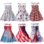 Charming 4th of July Summertime Girls Casual Dresses Sling Patriotic Pattern and Cartoon Printed Playful Butterflies and Stars