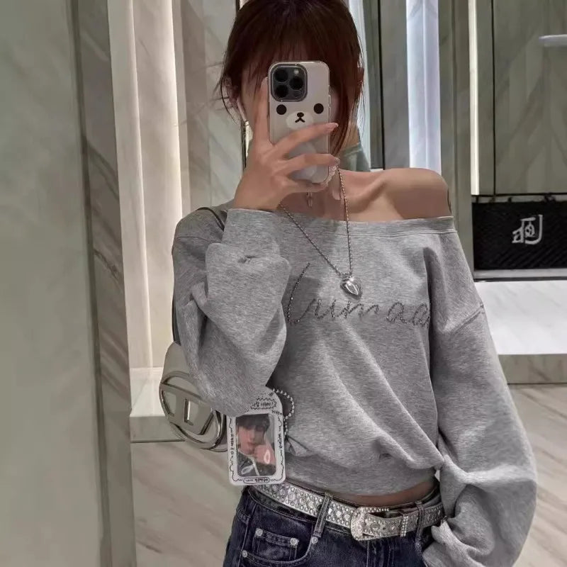 Women Hoodies Autumn Streetwear Off Shoulder Seductive Cropped All-match Sweatshirts Baggy Fashion Print Design Aesthetic Casual