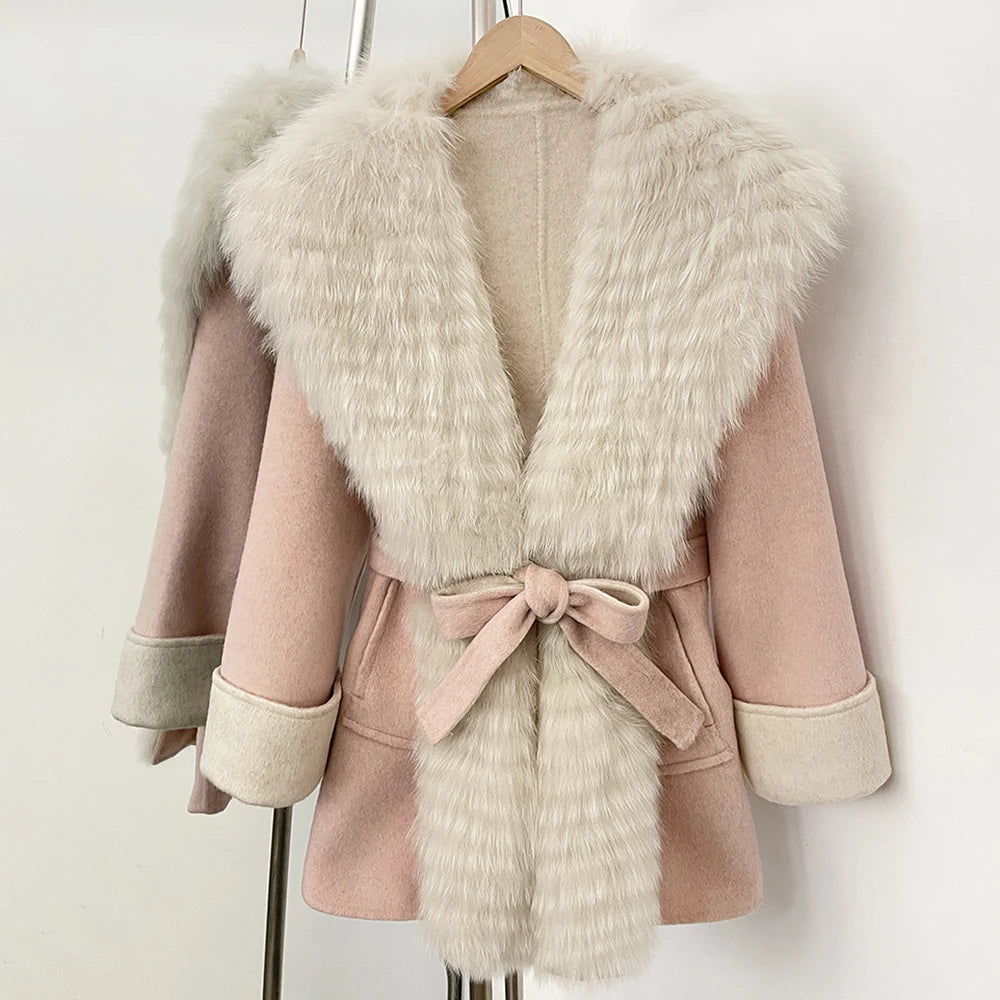 Woolen Coat Female Real Fox Fur Jacket New Autumn Winter Belt Top Clothes Fashion Warm Natural Fur Mid-length Wool Jacket Women