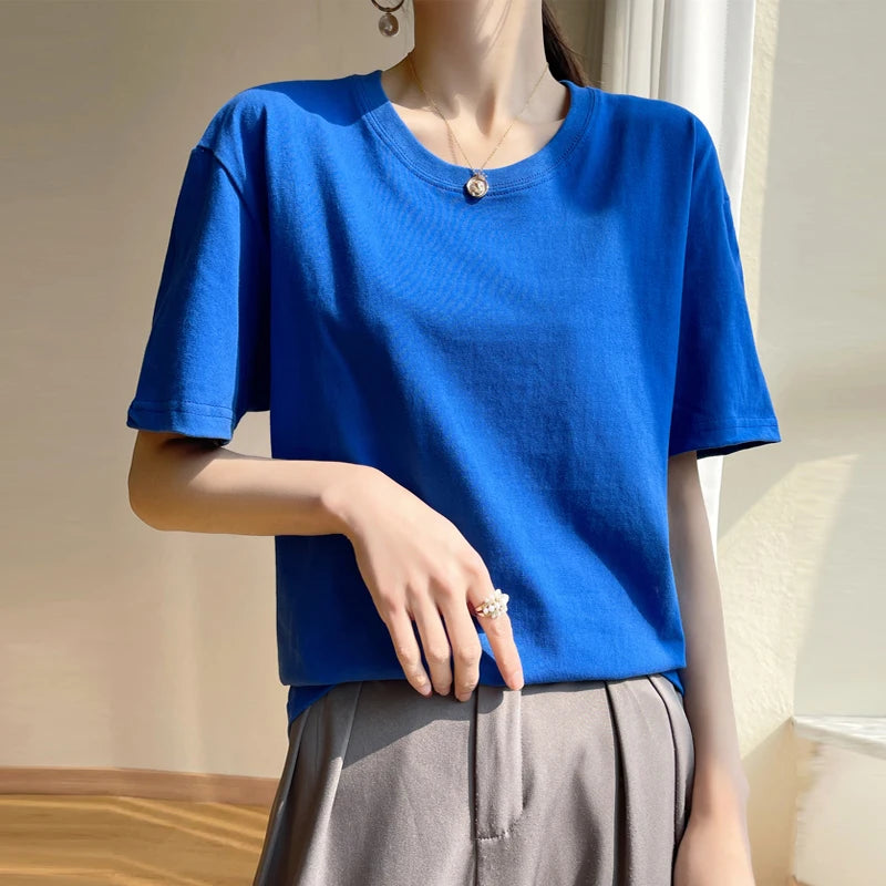 Women T-shirts 2025 Tops Solid Short Sleeve Loose O-neck  Cotton Casual Ladies Shirts Harajuku Korean Summer Woman Tshirts