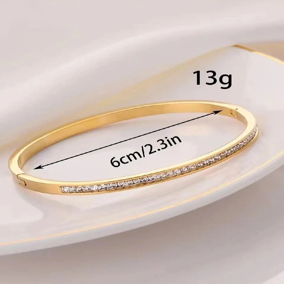 Elegant Gold Color Bangle With Sparkling Rhinestone Glamorous Stainless Steel Bracelet Women's Formal Dinners Jewelry