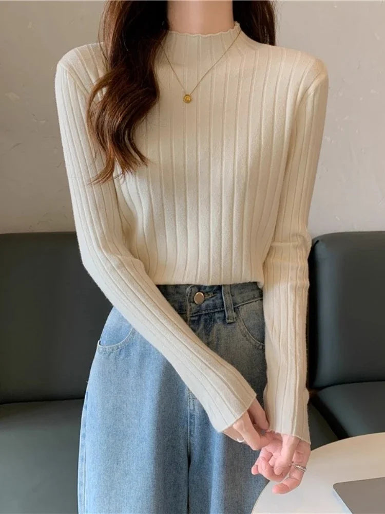 Woman Sweaters 2025 Autumn Winter Knitted Ribbed Turtleneck Sweater Women Clothes Long Sleeve Slim Basic Pullover Solid Tops