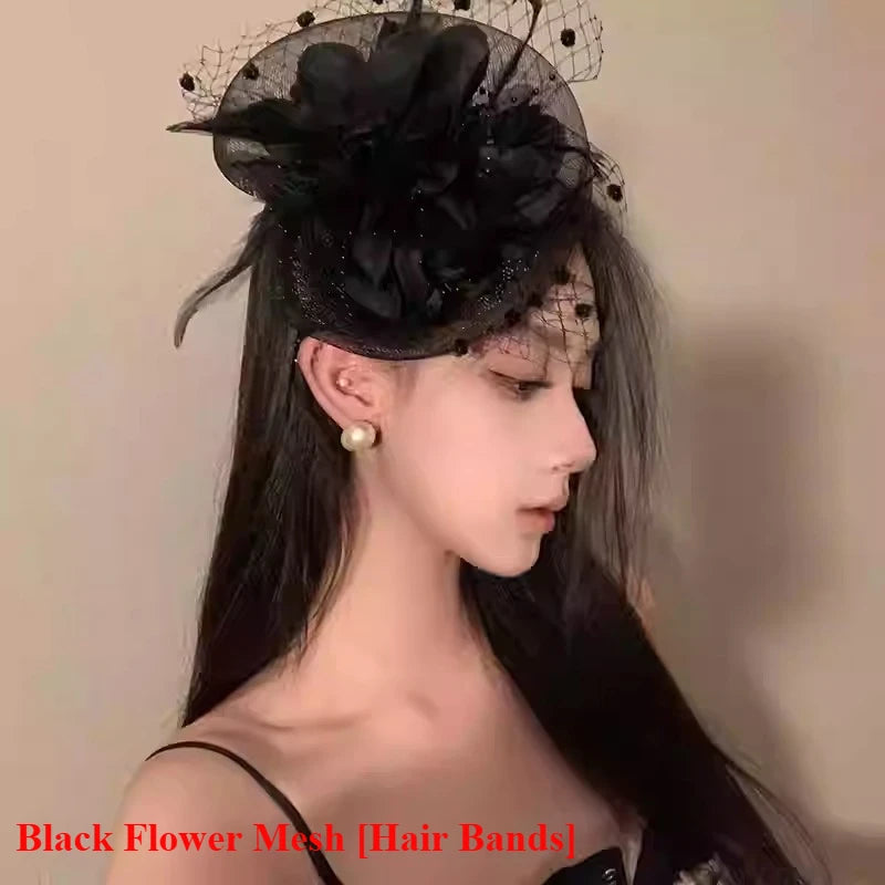 Gothic Subcultur Lace Bow Veil Small Fedoras Hats for Women Harajuku Lolita Feather Floral Fascinator Headband Hat Accessories