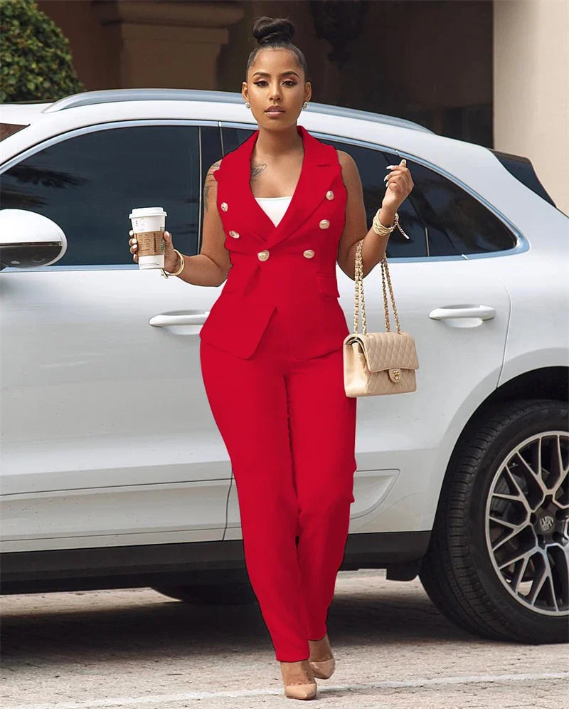 Business Work Wear Two Piece Pant Suits for Women Sets Elegant Sleeveless Blazer Top and Pencil Pants Office Lady Matching Sets