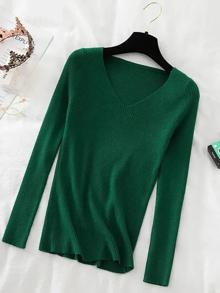 Women Sweater 2026 New Autumn Winter Long Sleeve Pullover Basic Top Fashion V-neck Elastic Female Winter Solid Knitted Jumper