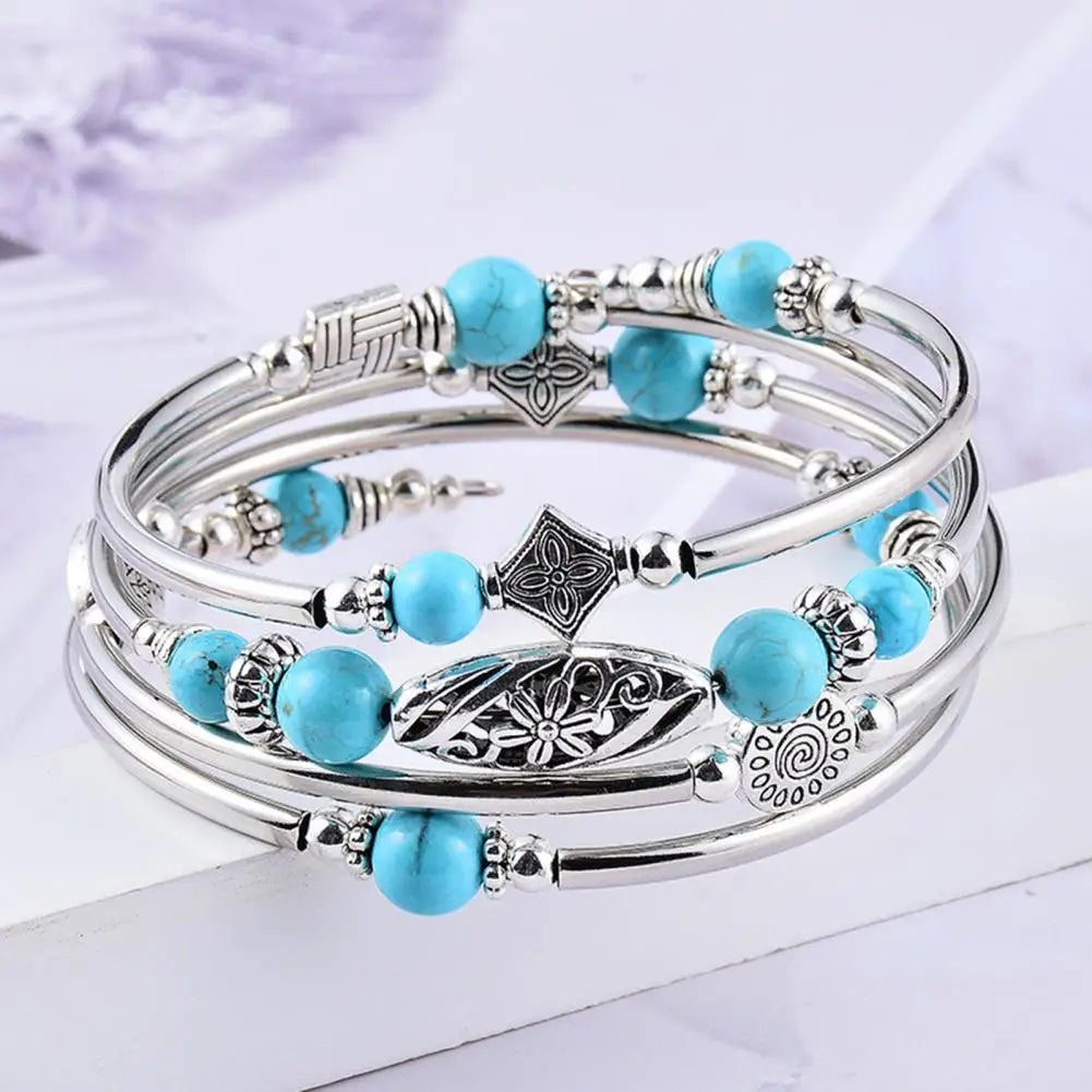 Women Bangle Natural Stones Ethnic Multi Layered Retro Blue Turquoise Beads Wrap Bracelet Jewelry Accessories