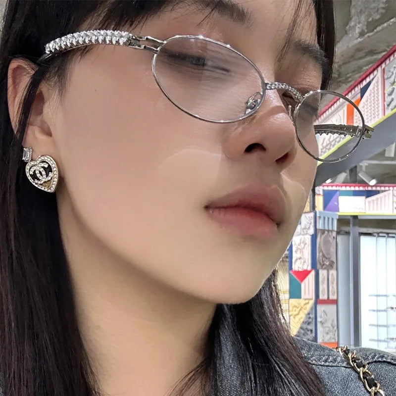 Fashion Eyeglasses Frames For Women Men Silver Oval Glasses Anti Blue Light Small Rhinestone Sunglasses With Metal Frame