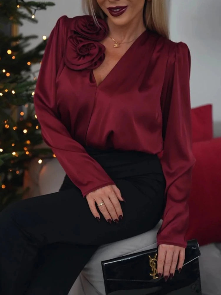Women's Blouse Spring Autumn New Elegant Long Sleeves V Neck Flower Shirt Fashionable Casual Loose Satin Women Shirt Tops