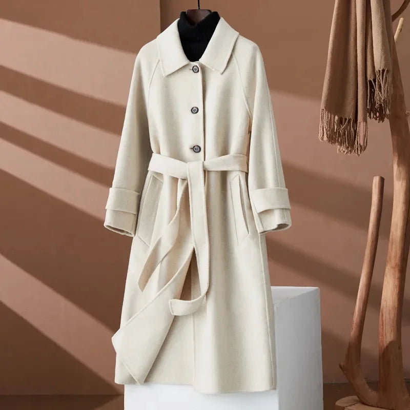 100% Wool Coat Women's Wear 2024 Autumn/Winter Fashion Temperament Double sided Cashmere Coats with Belt Elegant Long Overcoat