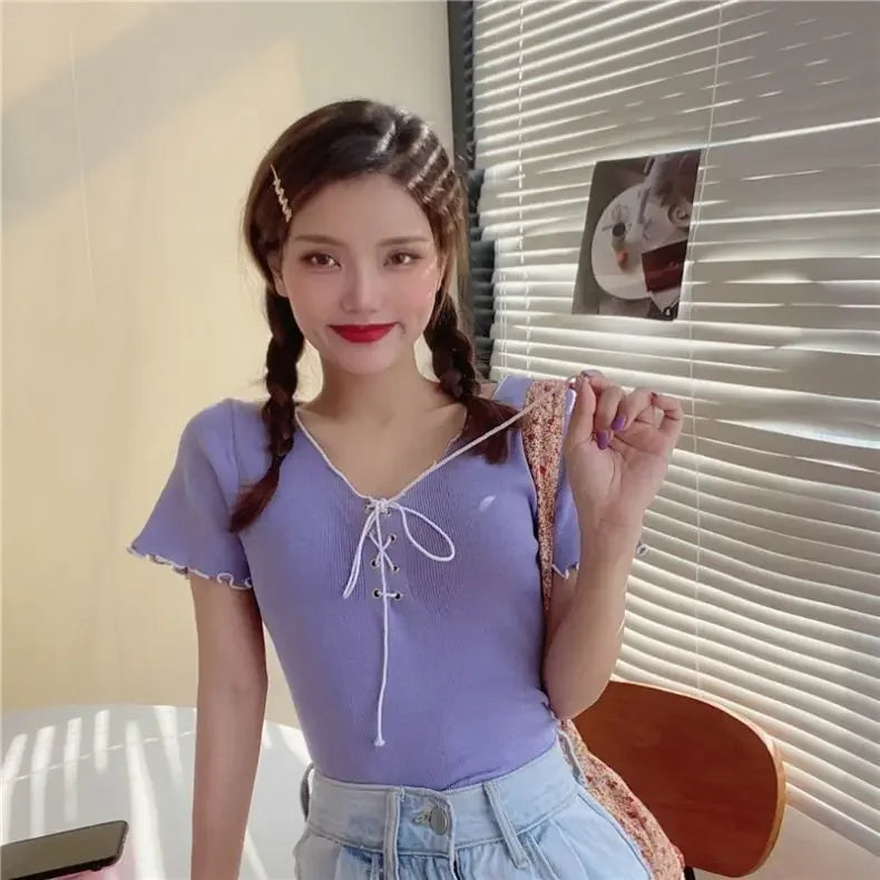 Woman T-shirts Summer White V-neck Top Knitted Short-Sleeved T-shirt for Women Mujer Camisetas