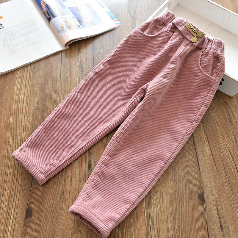 Children's Pants Autumn winter Fleece Padded Trousers for Girls Solid Thickened Corduroy Pants Casual Loose Boys Pants