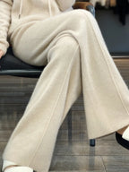 Office Women Straight Pants Autumn Winter 100% Merino Wool Pants Knit Warm Trousers Lace Up Elastic Female Casual Wide Leg Pants