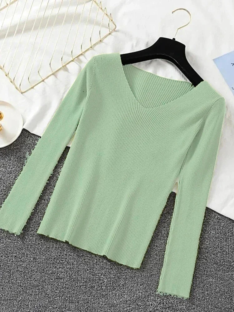 Women Sweater 2026 New Autumn Winter Long Sleeve Pullover Basic Top Fashion V-neck Elastic Female Winter Solid Knitted Jumper