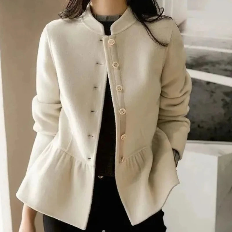 Wool Blend Coat for Women Autumn Plain Ruffles New In Trendy on Sale Mixtures Jacket Woman Medium High Quality Luxury Casual Hot