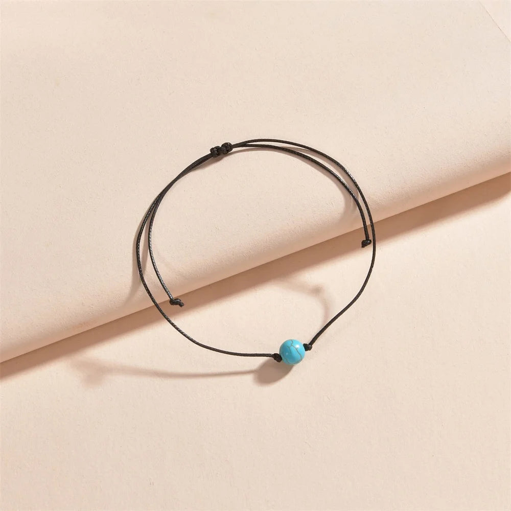 New French Vintage Turquoise Beaded Anklet Woman Handwoven Adjustable Bohemian Foot Jewelry Summer Beach Accessories Gift